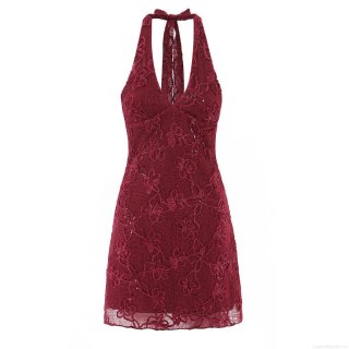 Burgundy Halter Mesh Sequin Mini Dress With Floral Lace Backless Slim Fit Sleeveless Sexy Clubwear Party Dress For Women New Spring Fashion Burgundy Halter Mesh Sequin Mini Dress With Floral Lace Backless Slim Fit Sleeveless Sexy Clubwear Party Dress For Women New Spring Fashion