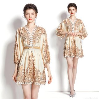 Bohemian Vintage Paisley Print Mini Dress For Women V-Neck Lantern Sleeve Polyester A-Line Dress With Belt Resort Vacation Style Bohemian Vintage Paisley Print Mini Dress For Women V-Neck Lantern Sleeve Polyester A-Line Dress With Belt Resort Vacation Style