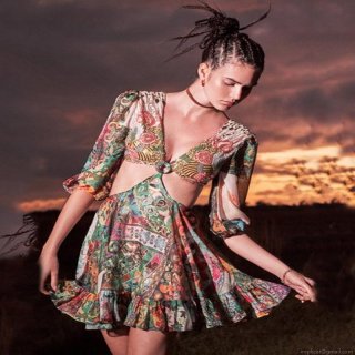 Bohemian Multicolored Print Mini Dress With Sequins Hollow Out Waist Metallic Ring V-Neck Lantern Sleeve Digital Print Vacation Beach Party Dress For Women Bohemian Multicolored Print Mini Dress With Sequins Hollow Out Waist Metallic Ring V-Neck Lantern Sleeve Digital Print Vacation Beach Party Dress For Women