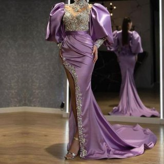 Elegant Purple Satin Sequin Evening Dress Luxury Puff Sleeve High Split Trailing Gown For Wedding Party Banquet Women Formal Wear Elegant Purple Satin Sequin Evening Dress Luxury Puff Sleeve High Split Trailing Gown For Wedding Party Banquet Women Formal Wear