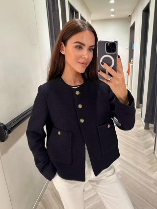 Elegant Women's Polyester Tweed Jacket With Gold Embossed Buttons Round Neck Long Sleeve Slim Fit Casual Short Coat Outerwear For Women Elegant Women's Polyester Tweed Jacket With Gold Embossed Buttons Round Neck Long Sleeve Slim Fit Casual Short Coat Outerwear For Women