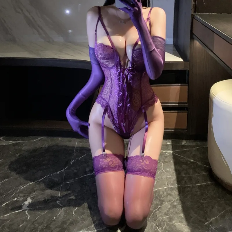 Women's Solid Color Lace Lingerie Set – Low Waist, See-Through Sleepwear