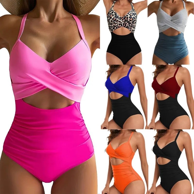 Women's Sexy One Piece Swimwear with Stripes, Solid Colors and Leopard Prints