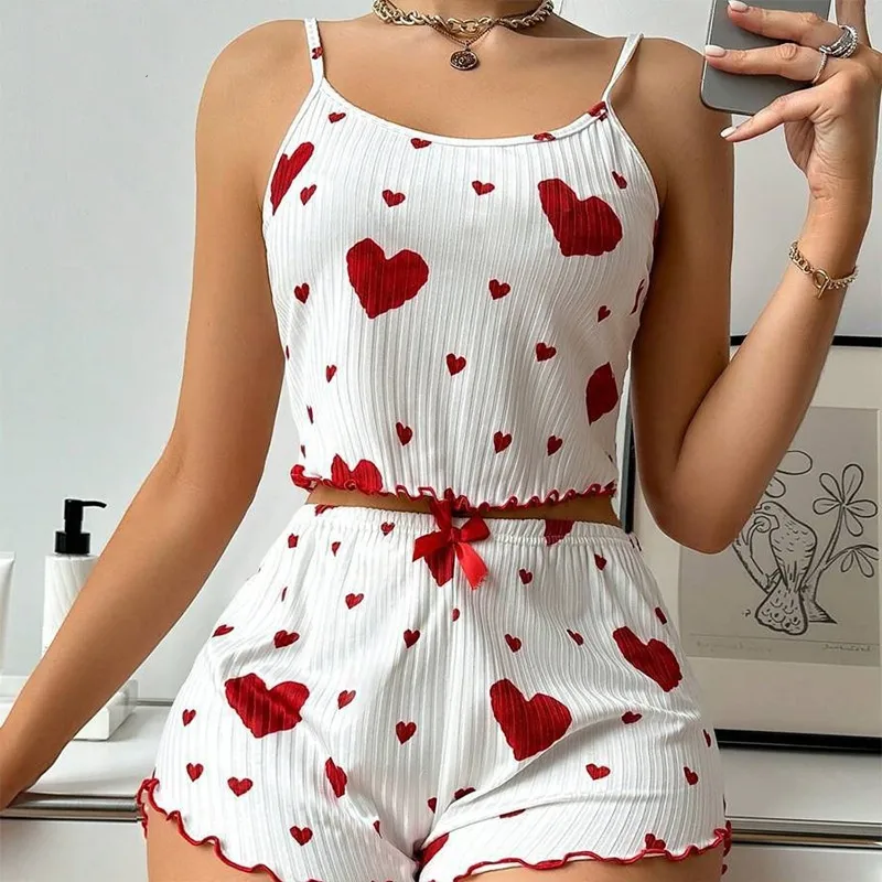 Women's Heart Print Bowknot Pajama Shorts Set – Casual Homewear