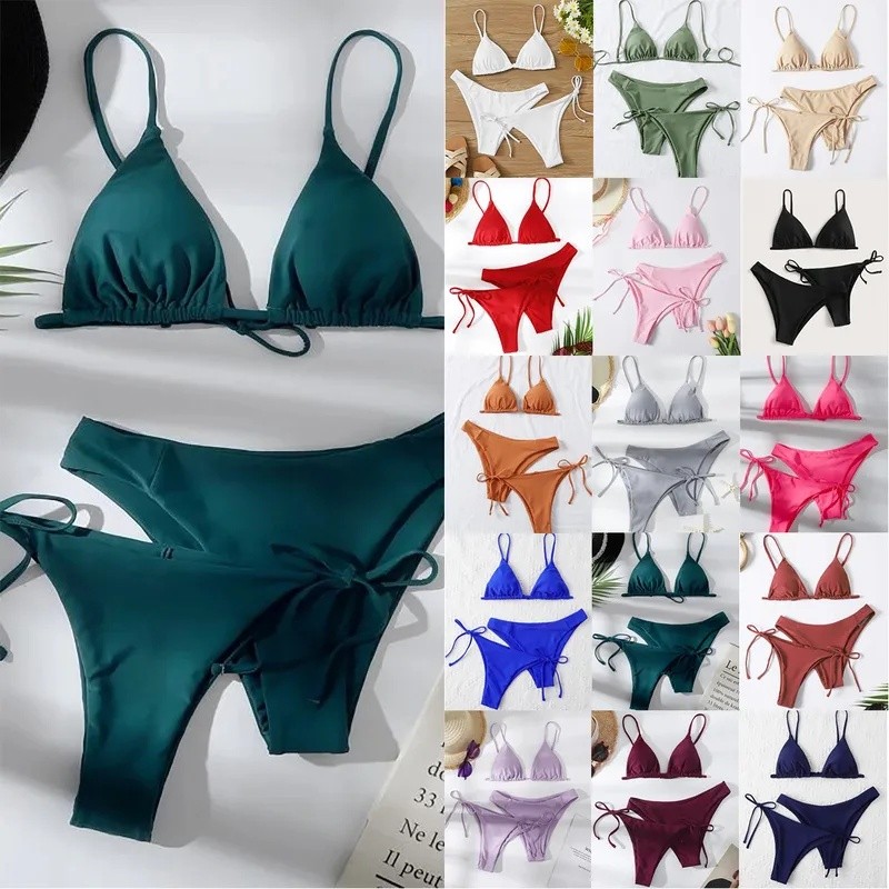 Women's Plain Colored Three Piece Bikini Swimwear Sets