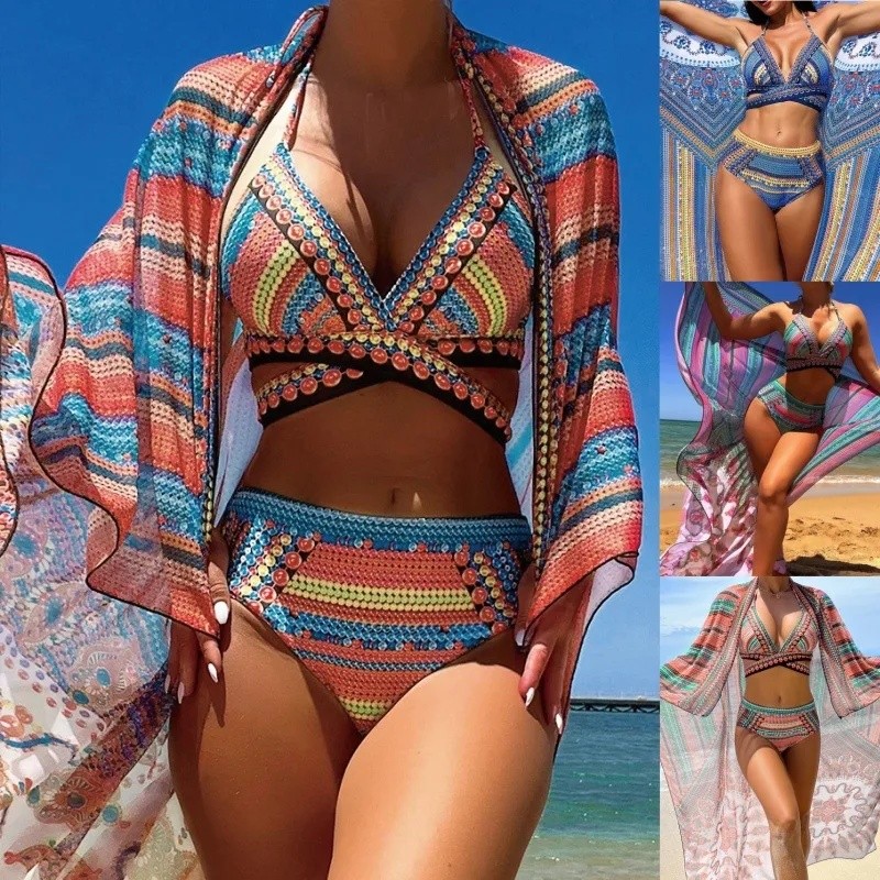 Modern style color block three piece bikini swimwear for women at the beach