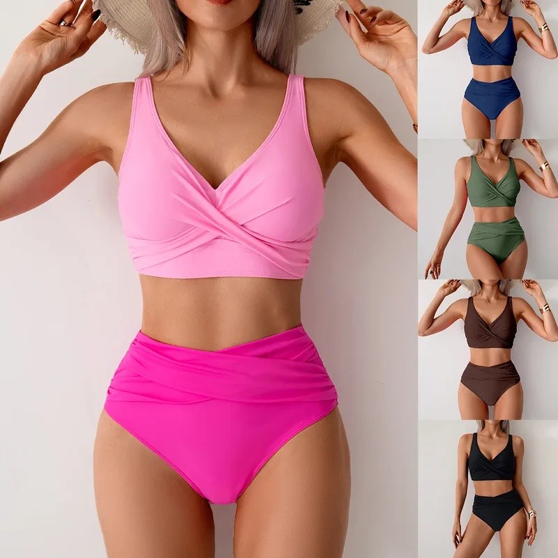 Two - Piece Solid - Color Pleated Bikini Swimwear for Women