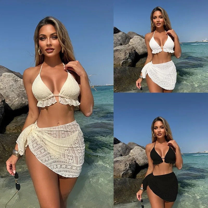 Solid Colored Three Piece Women's Bikini Swimwear