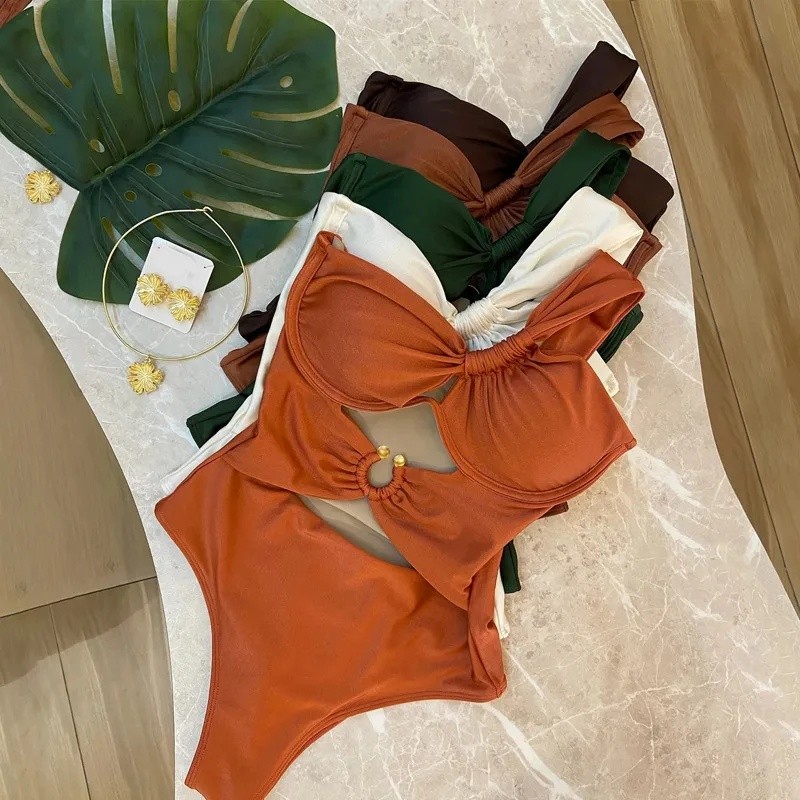 Sexy Solid Tone One Piece Swimwear with Cutouts for Women