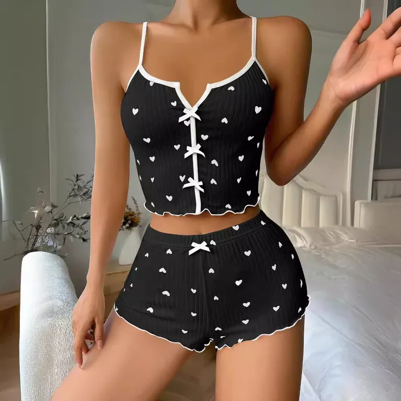 Women's Heart Print Pajama Set – Spandex Polyester Bowknot Lounge Pants Set