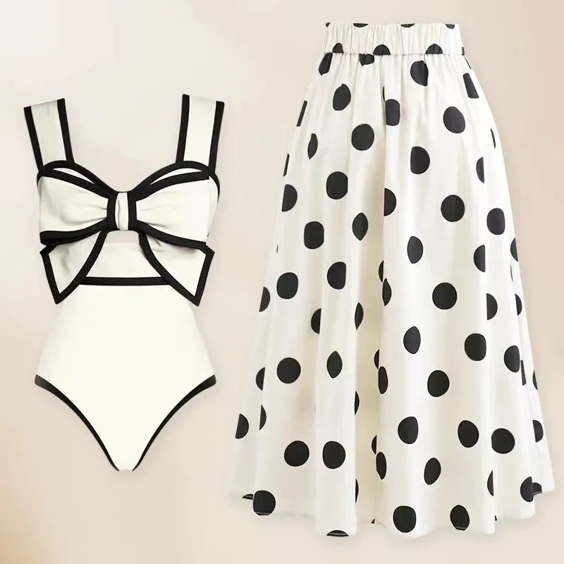 Elegant Lady Polka Dot Adorned Solid Color Two - Piece One - Piece Swimwear for Women